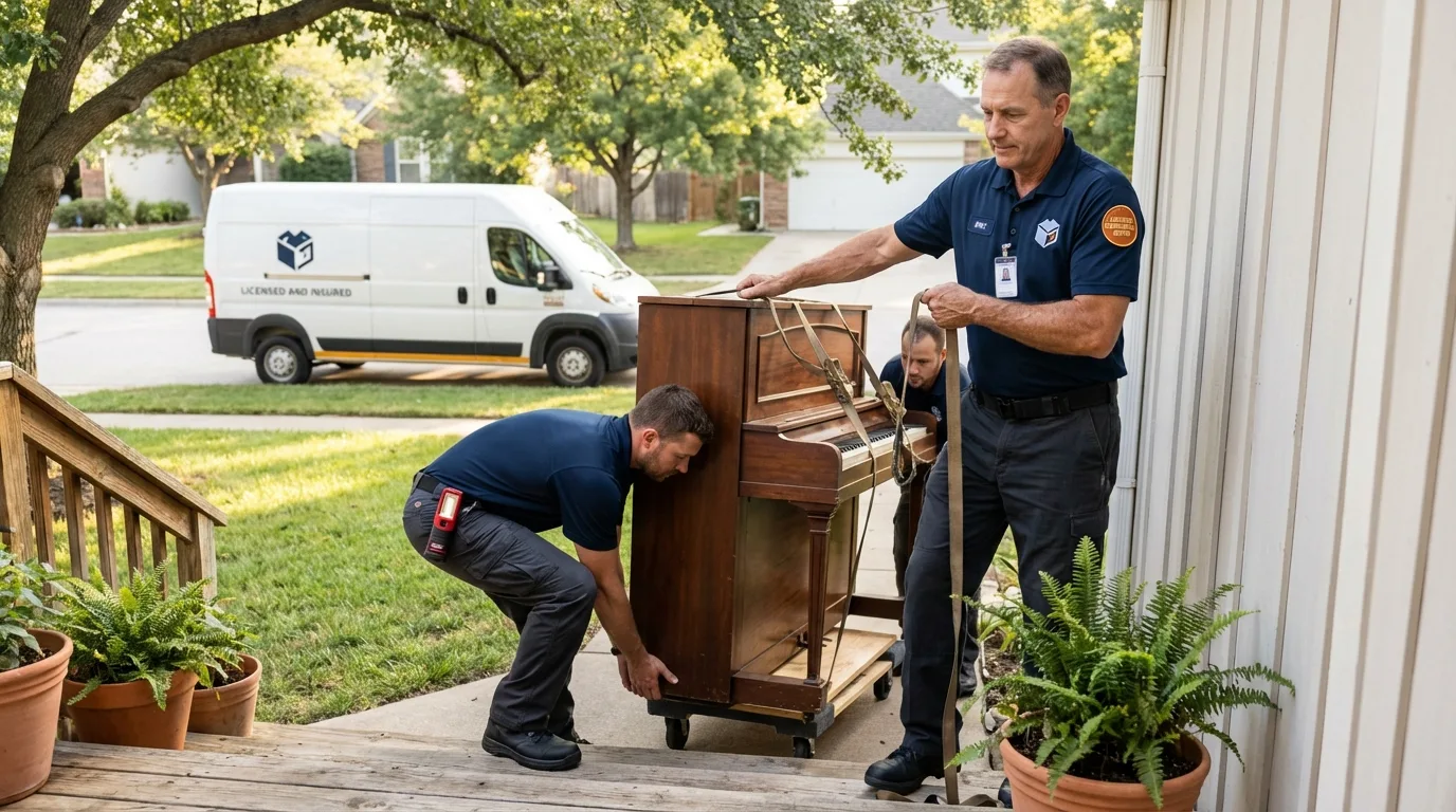 Licensed piano movers securing grand piano in Channelview, TX