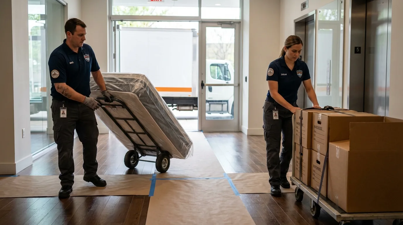 Professional apartment movers loading elevator in Channelview, TX